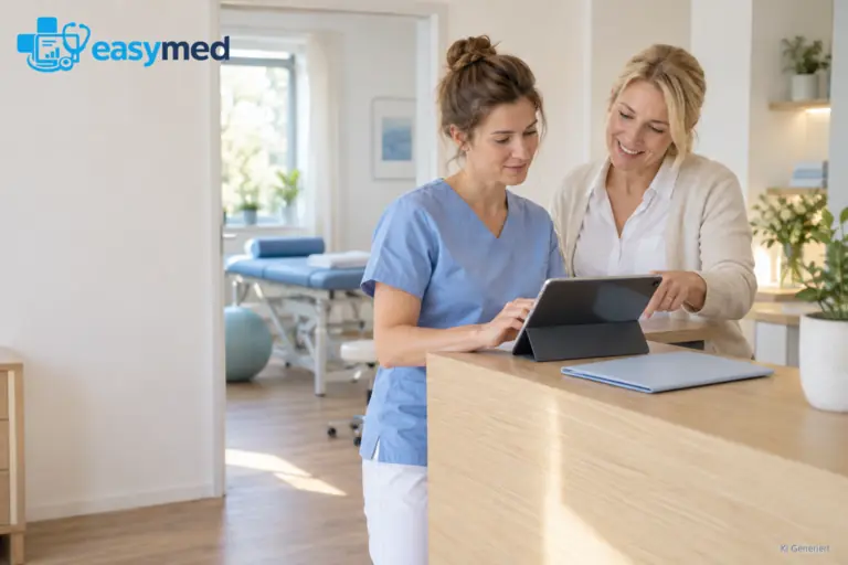 Eine Empfangskraft begleitet eine Physiotherapeutin beim Einstieg in einen digitalen Arbeitsablauf am Tablet.