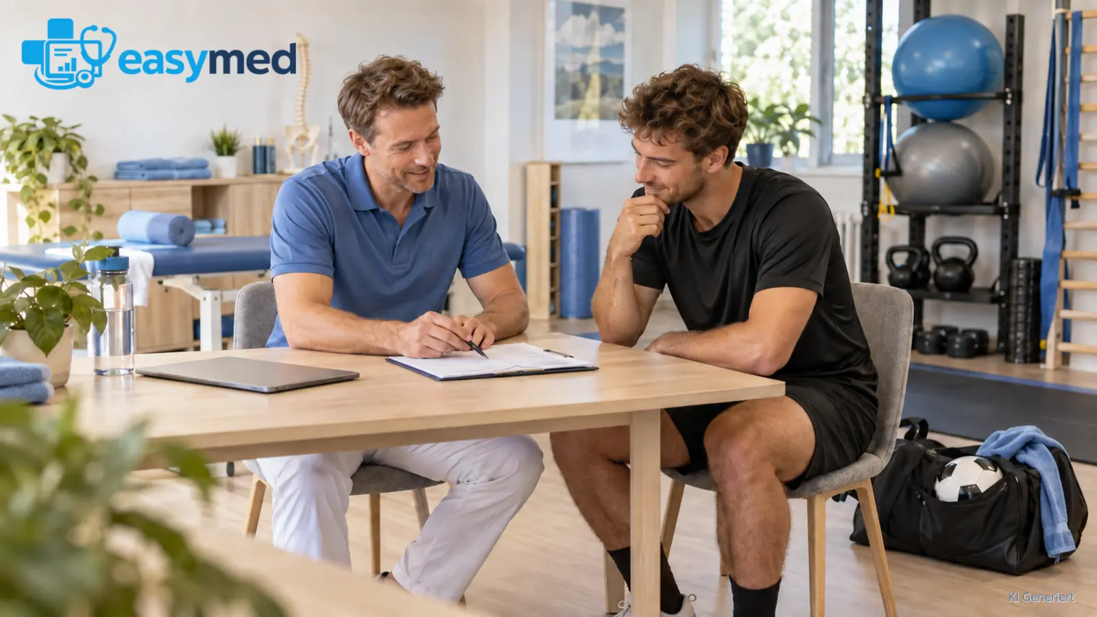 Sportphysiotherapeut stimmt mit einem Sportler Ziele und organisatorische Abläufe ab.