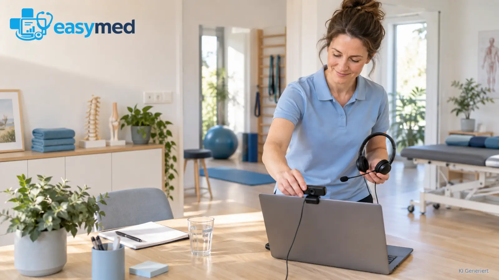 Physiotherapeutin bereitet Technik und Arbeitsplatz für einen teletherapeutischen Kontakt vor.