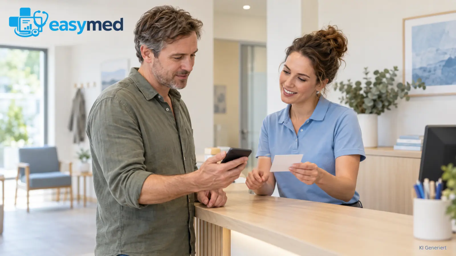 Praxismitarbeiterin bespricht mit einem Patienten die Organisation digitaler Termine.