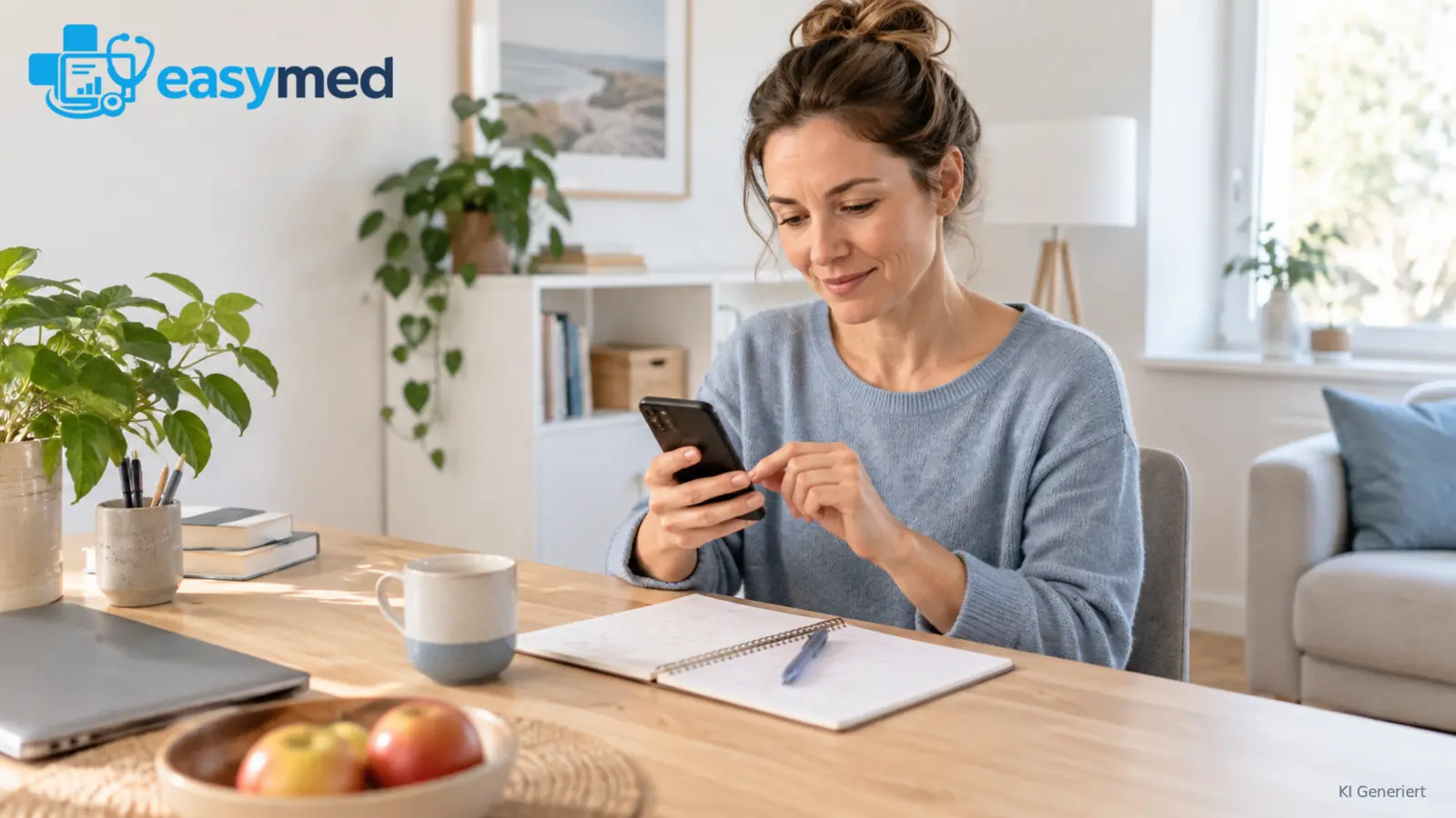Patientin prüft am Smartphone eine Terminmitteilung neben ihrem Wochenplan.
