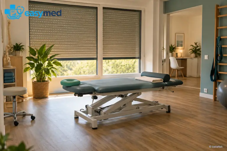 Physiotherapieraum mit Therapieliege und heruntergelassenem außenliegenden Sonnenschutz an einem heißen Sommertag.