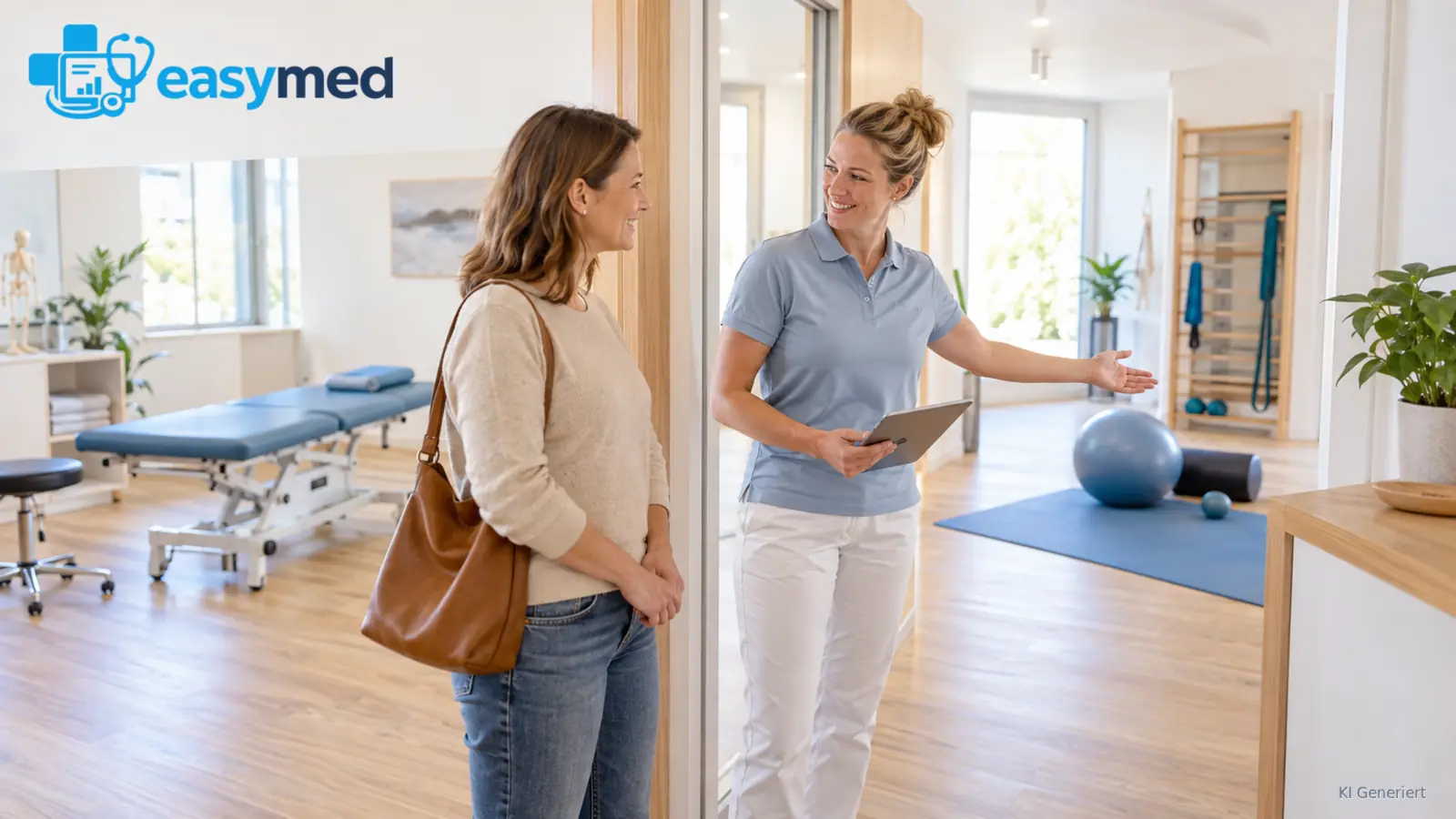 Physiotherapeutin erklärt einer Patientin das Angebot und die Räume der Praxis.