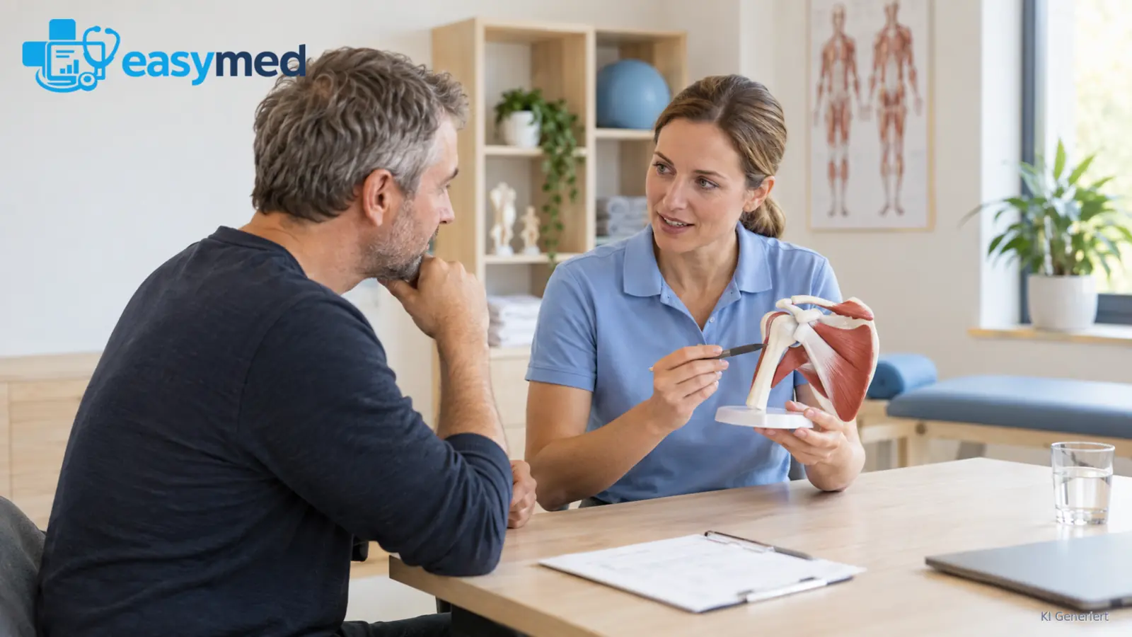 Therapeutin erläutert einem Patienten die Schultermuskulatur an einem anatomischen Modell.
