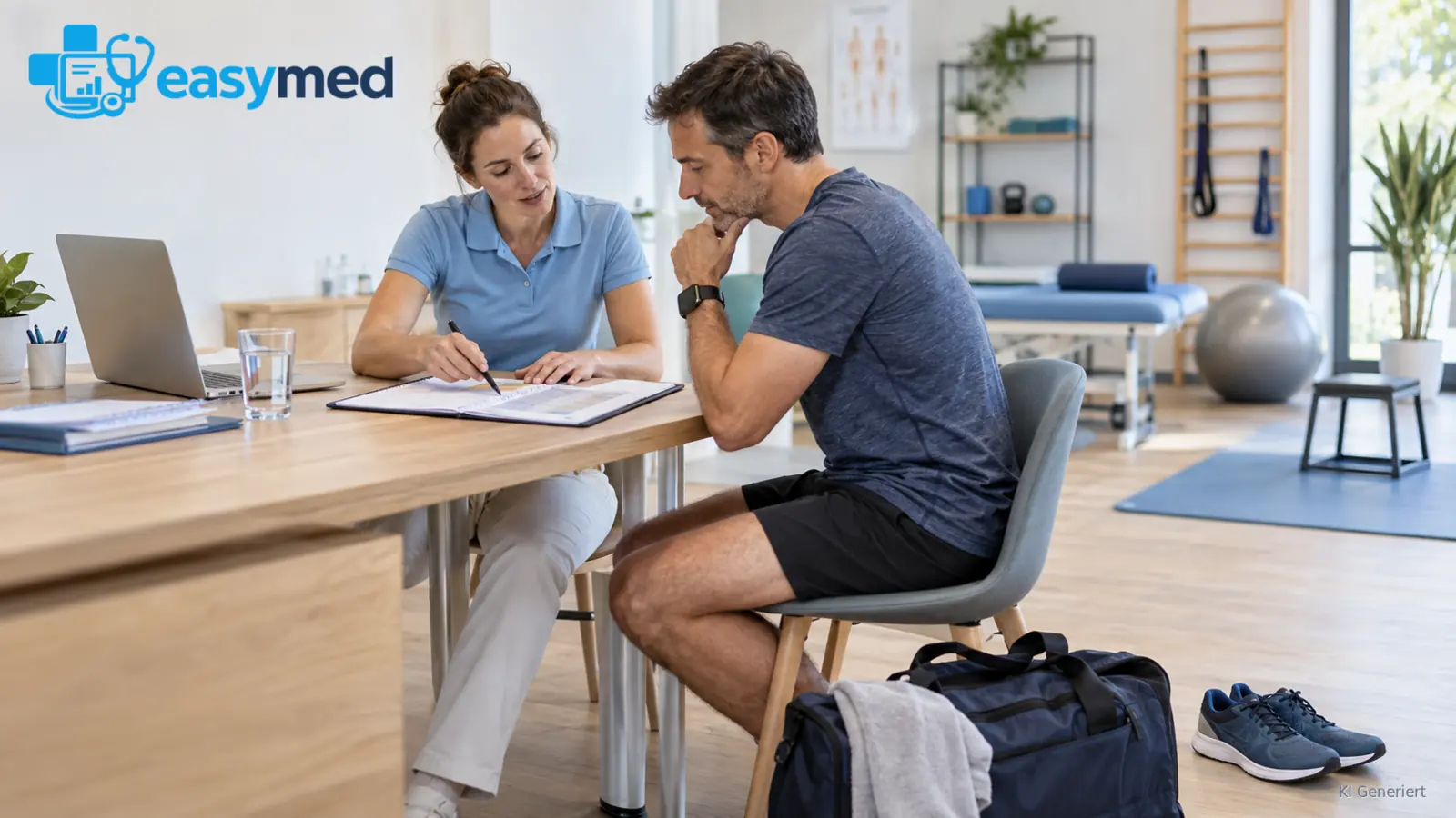Sportphysiotherapeutin stimmt mit einem Läufer Termine und Kontaktwege ab.