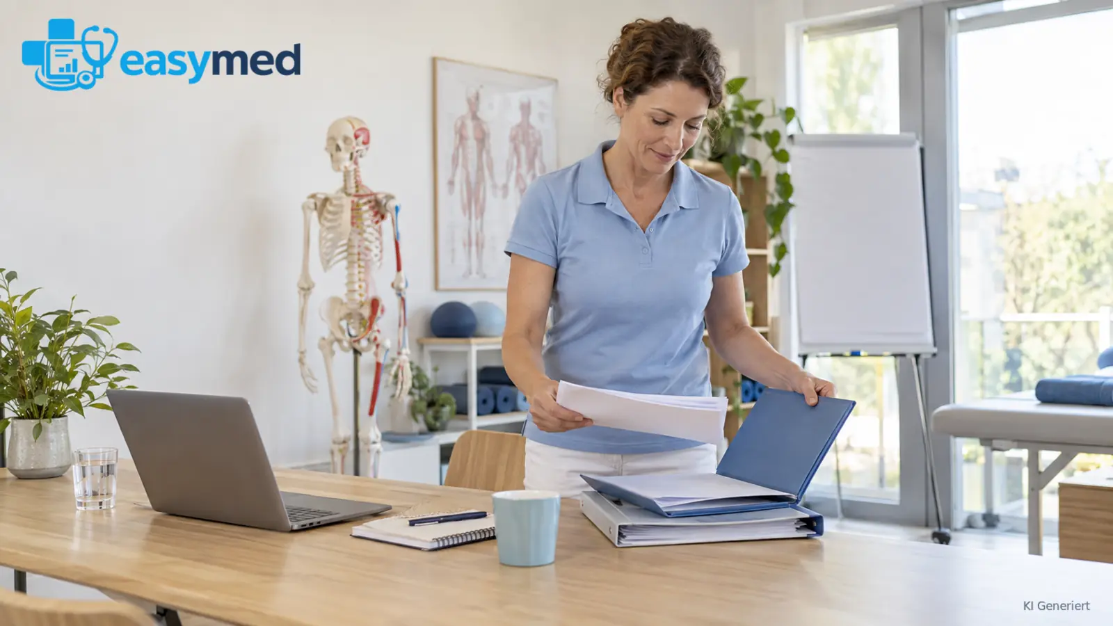 Physiotherapeutin ordnet Unterlagen für Praxisarbeit und Lehre.