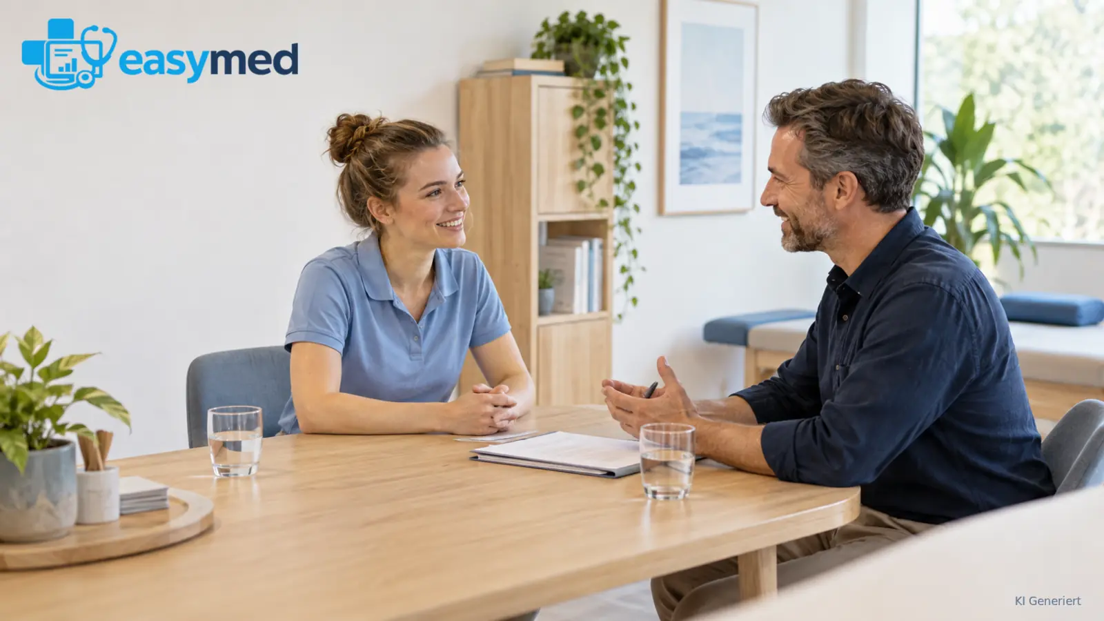 Bewerbungsgespräch am Besprechungstisch einer Therapiepraxis.
