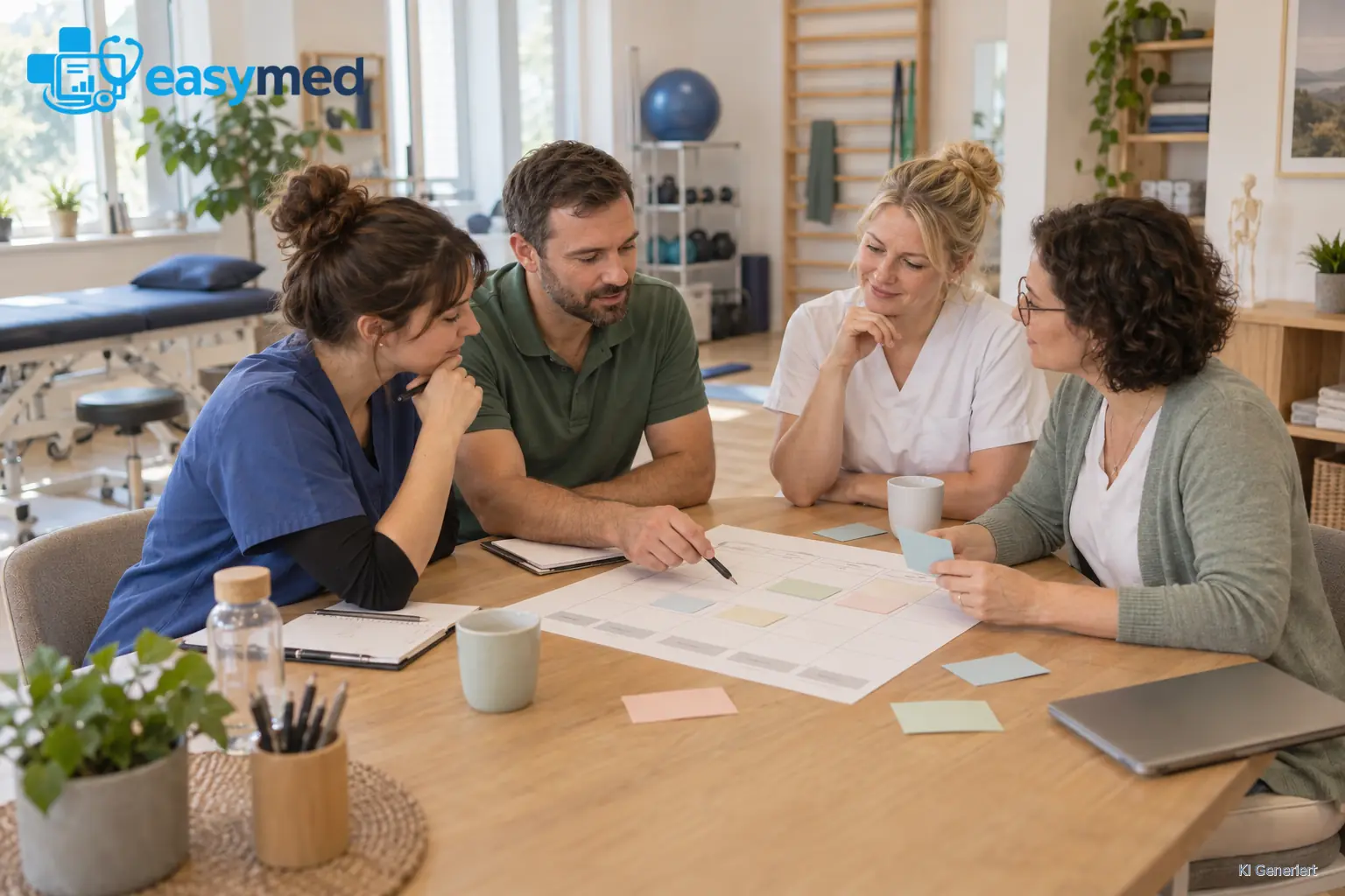 Ein vierköpfiges Team einer Therapiepraxis bespricht gemeinsam seinen Wochenplan am Besprechungstisch.