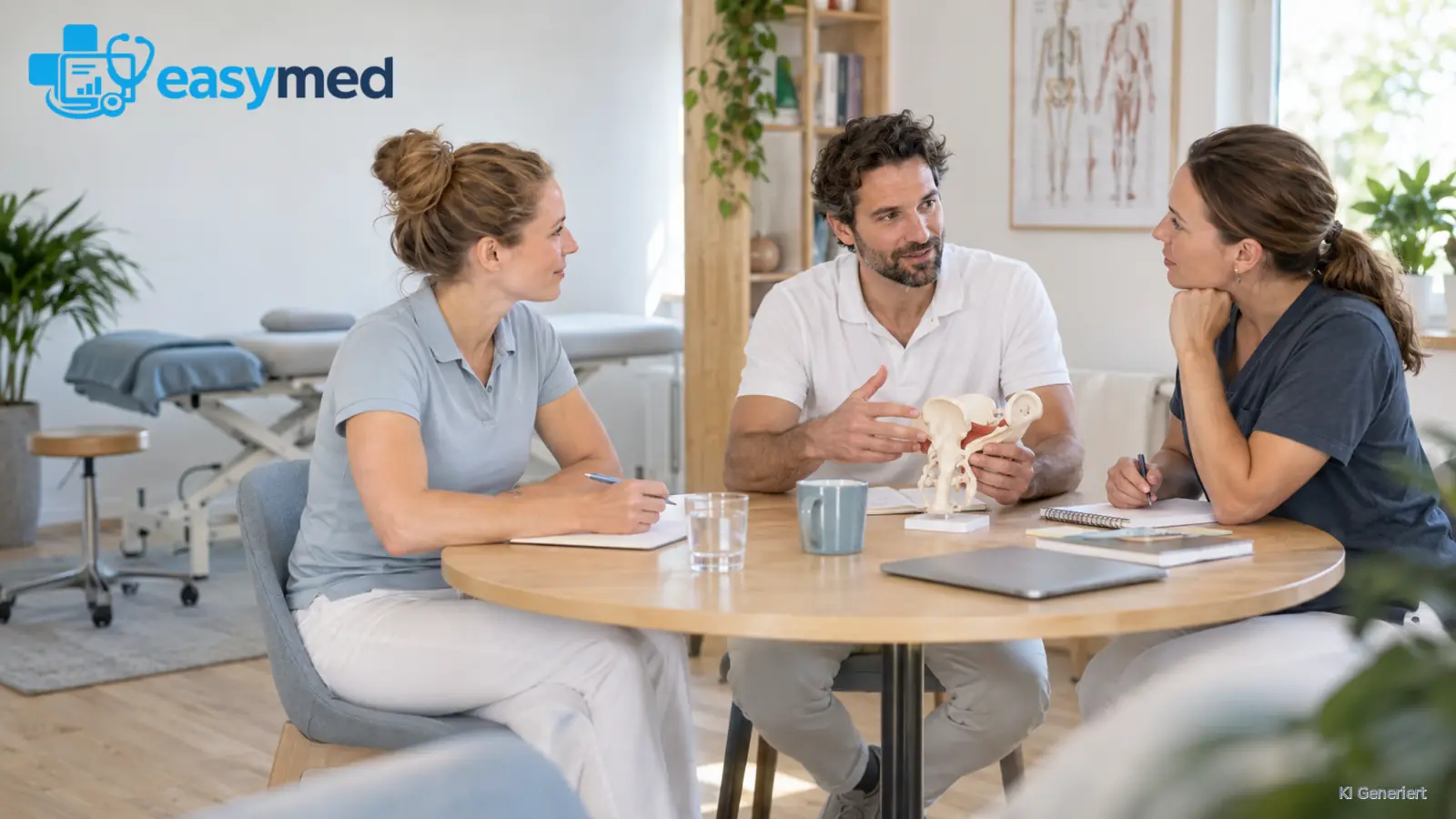 Drei Osteopathen tauschen sich in einer kleinen fachlichen Gesprächsrunde aus.
