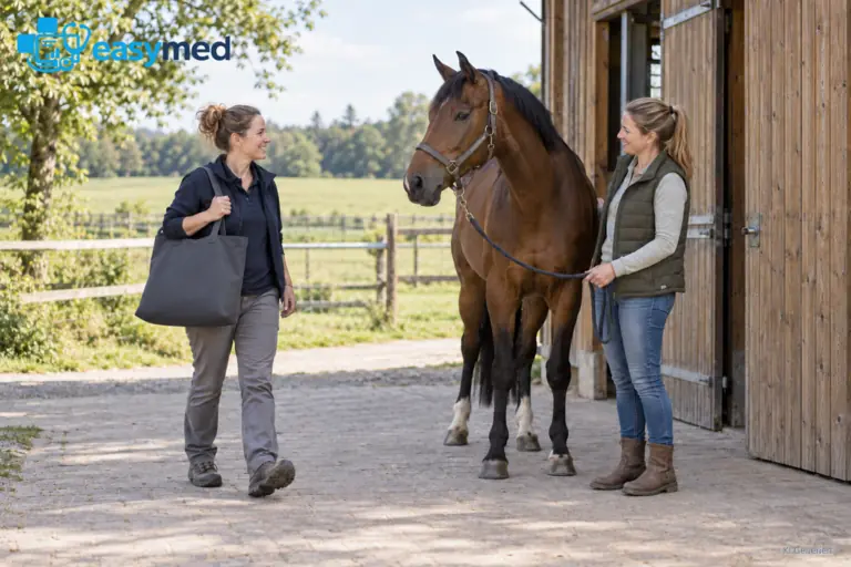 Tierphysiotherapeutin und Halterin stehen mit einem ruhig gehaltenen Pferd vor einem Stall.