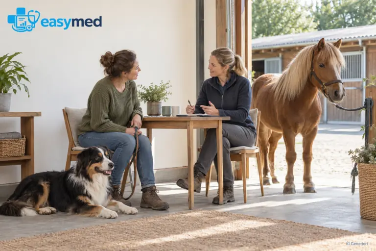Eine Halterin und eine Tiertherapeutin besprechen Termine; ein Hund sitzt neben der Halterin und ein Pony steht in der Nähe.