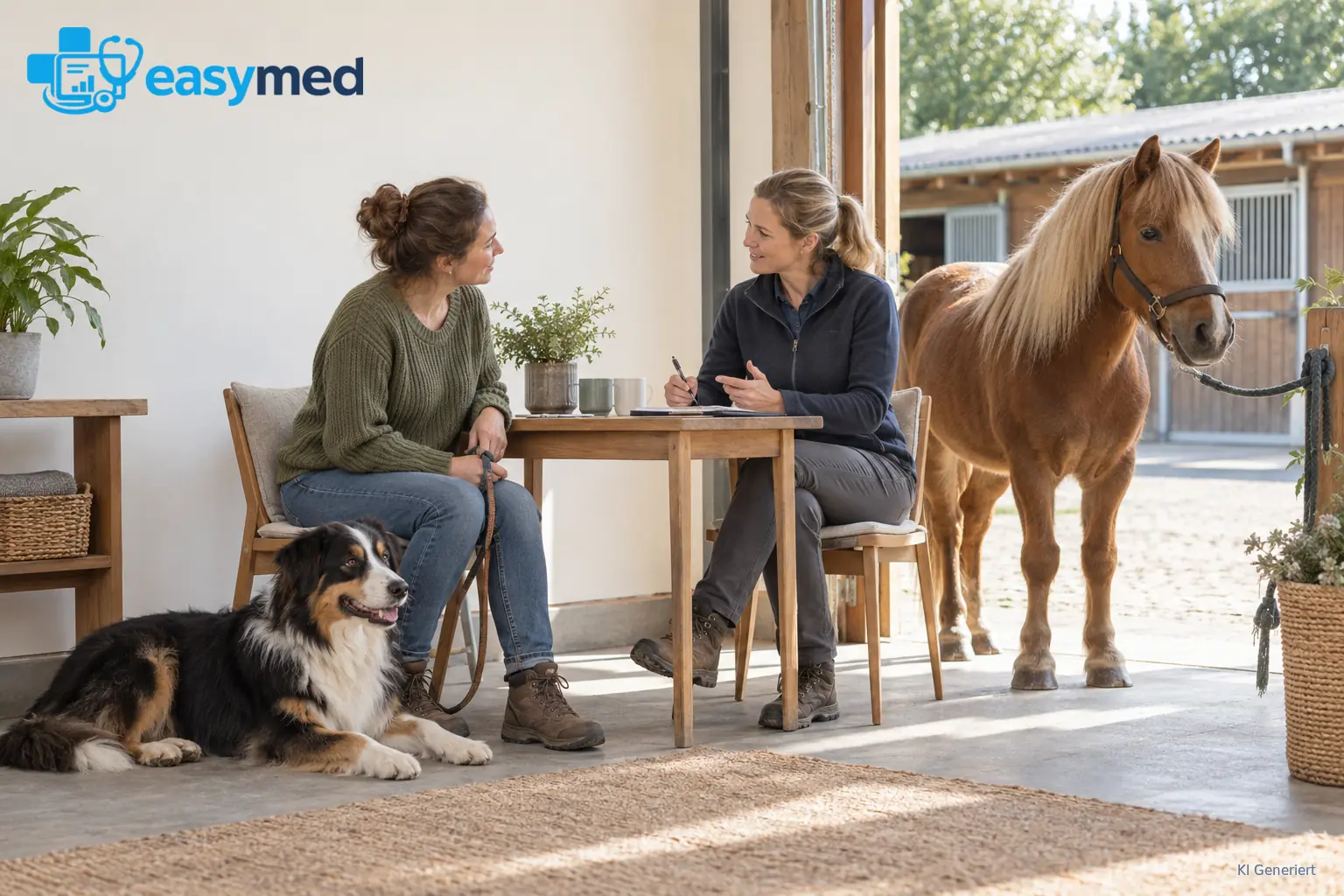 Eine Halterin und eine Tiertherapeutin besprechen Termine; ein Hund sitzt neben der Halterin und ein Pony steht in der Nähe.