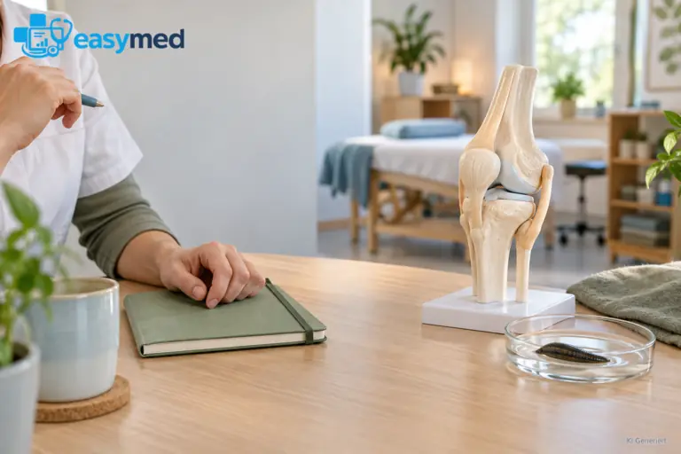 Behandelnde Person an einem Beratungstisch mit anatomischem Knie-Modell und Blutegel in einer Glasschale.
