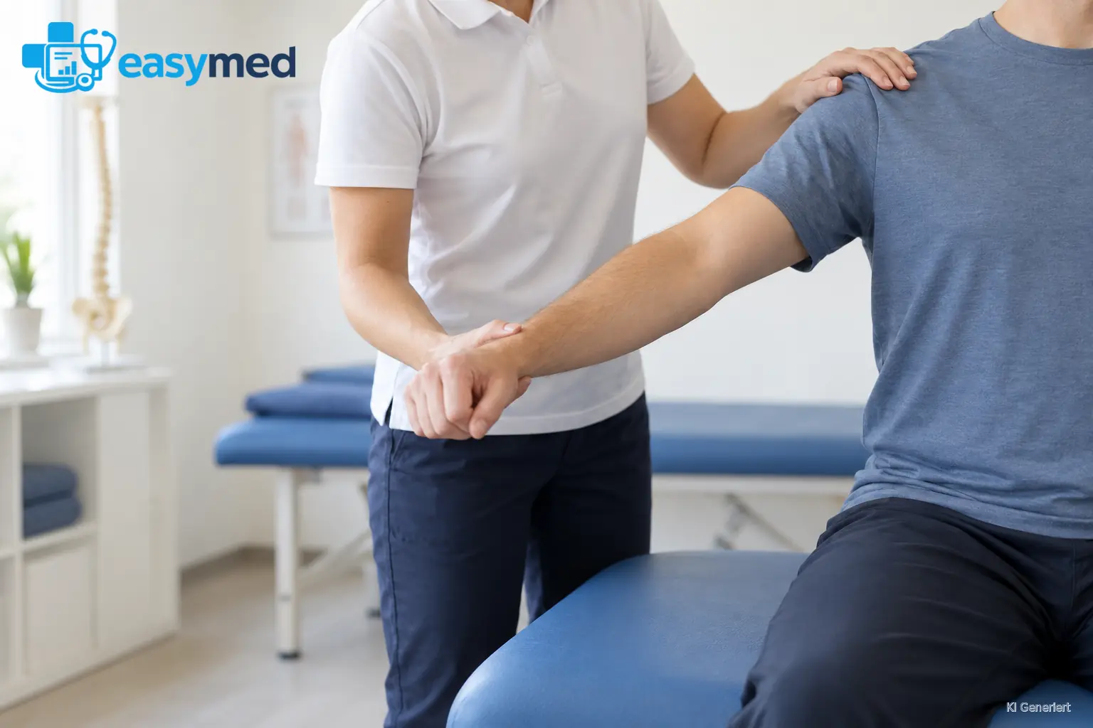 Eine Physiotherapeutin stabilisiert die Schulter einer sitzenden Person und prüft die Armhebung mit der Hand am Unterarm.