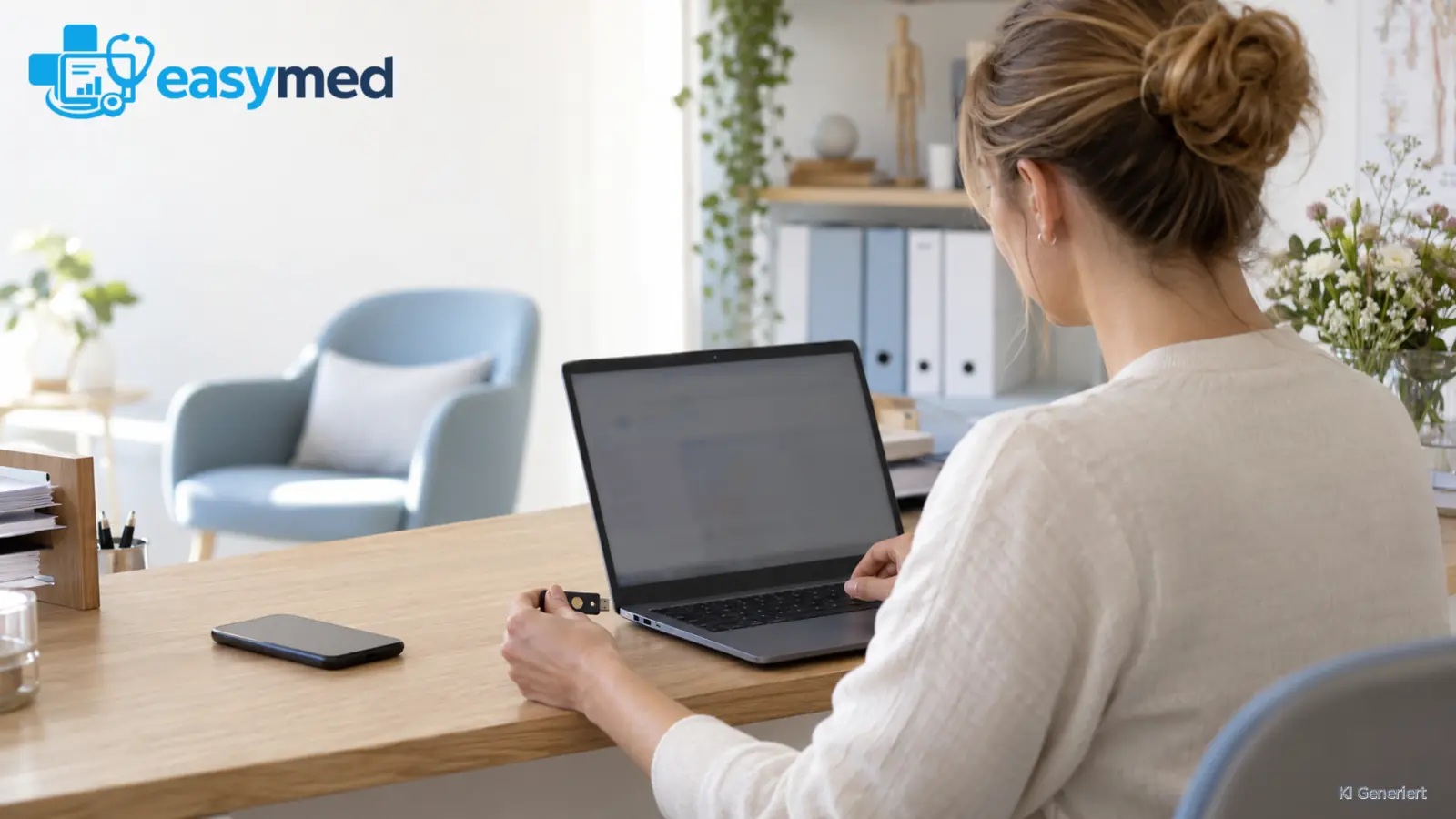 Praxismitarbeiterin hält einen Sicherheitsschlüssel neben ihrem Laptop am Empfang.