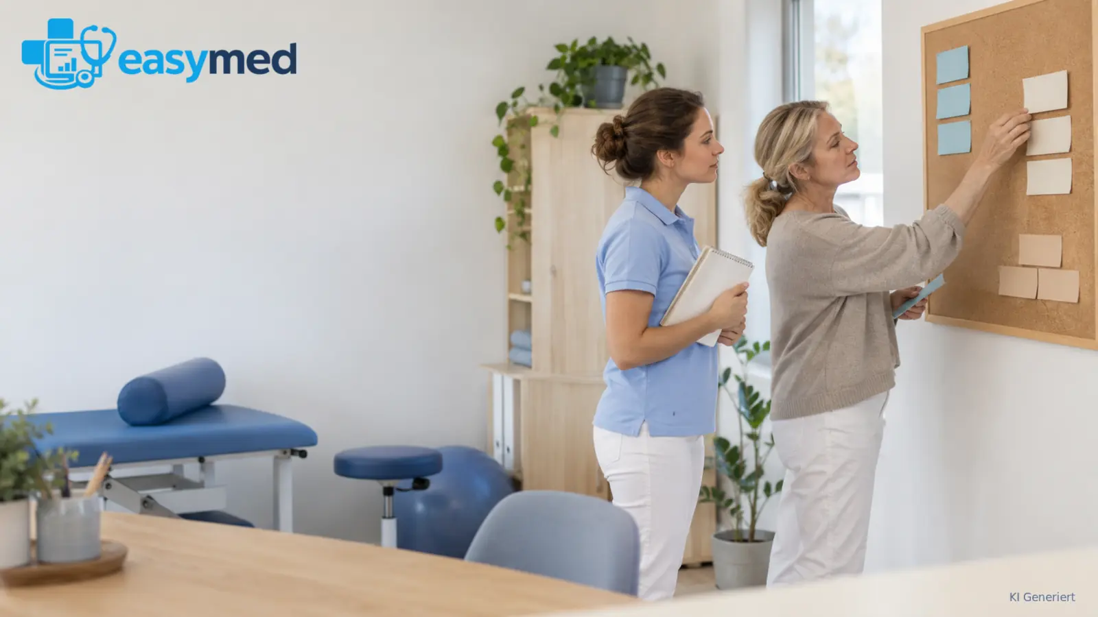 Zwei Kolleginnen ordnen Projektkarten auf einer Pinnwand in der Therapiepraxis.