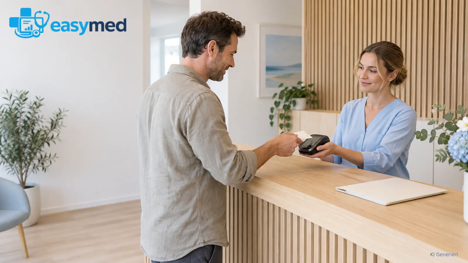 Patient hält seine Bankkarte über das Kartenterminal am Praxisempfang.