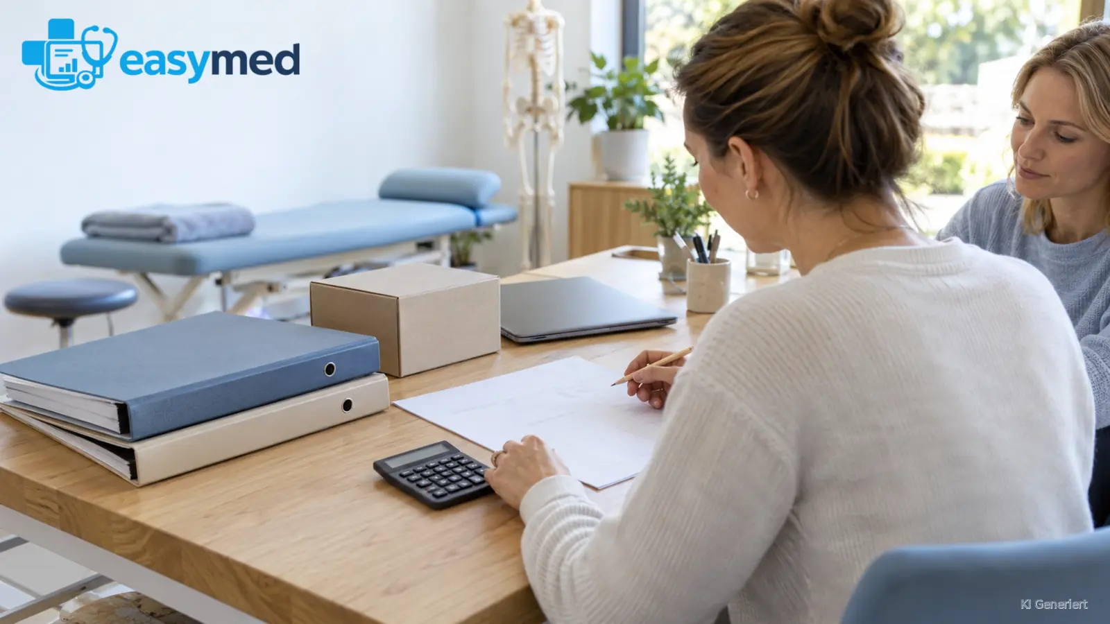 Zwei Kolleginnen planen das Softwarebudget mit Unterlagen, Taschenrechner und Gerätebox.