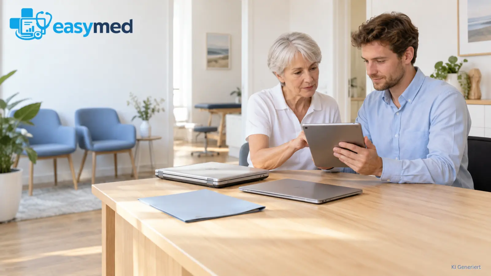 Praxisinhaberin prüft mit einem Kollegen einen Tablet-Arbeitsablauf neben alten und neuen Geräten.