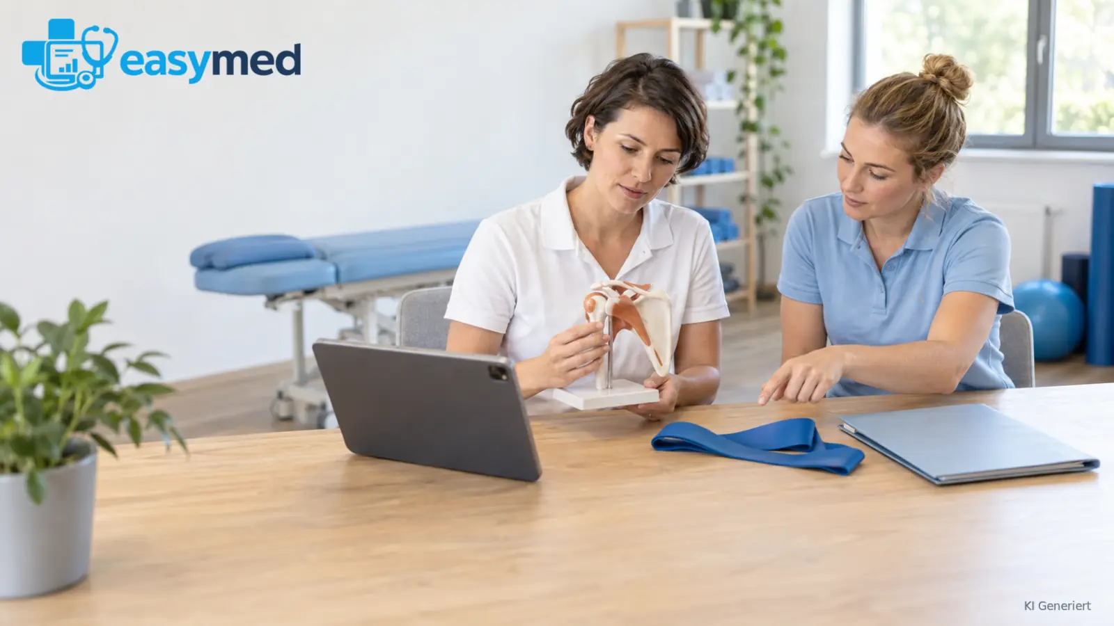 Zwei Therapeutinnen besprechen ihre Anforderungen anhand eines Schultermodells, Tablets und Trainingsbands.