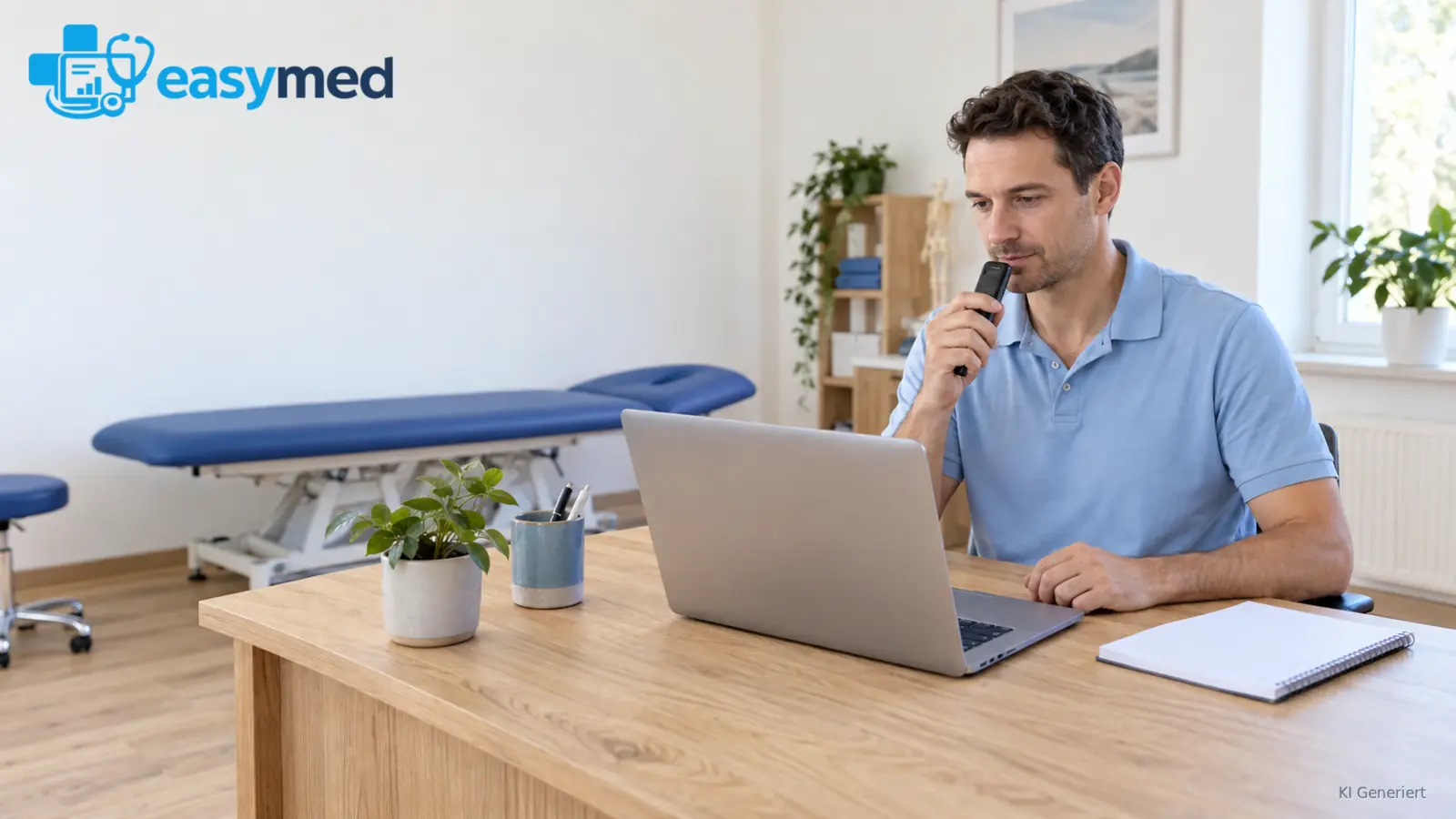 Physiotherapeut diktiert eine Notiz am Laptop in einem ruhigen Behandlungsraum.