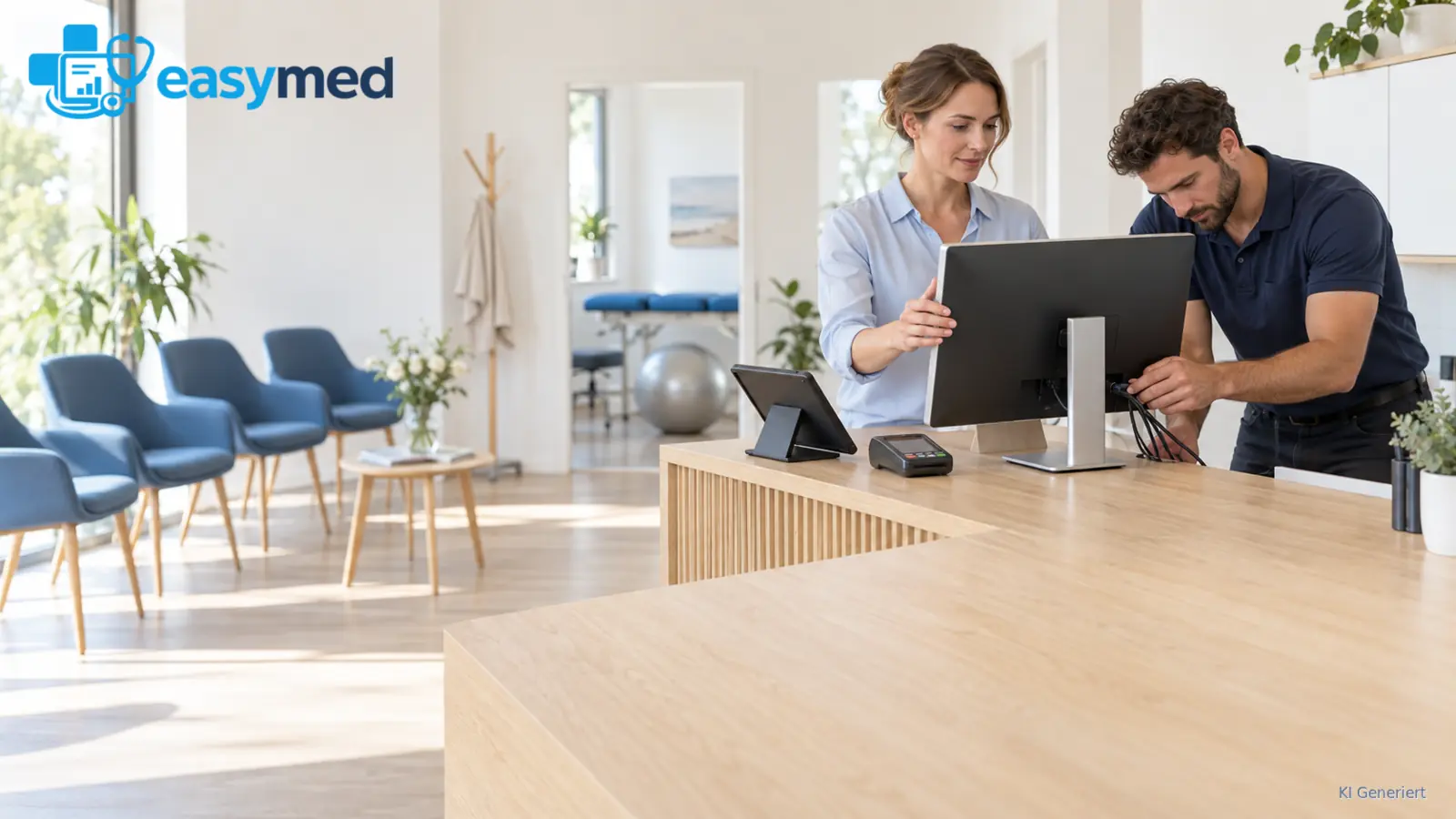 Praxismitarbeiterin und Techniker richten Bildschirm, Tablet und Kartenterminal am Empfang ein.