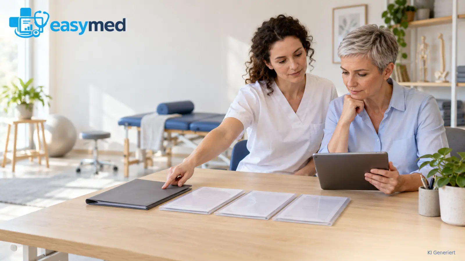 Zwei Therapeutinnen prüfen die Zuordnung von Dokumenten zu einem Tablet-Arbeitsablauf.