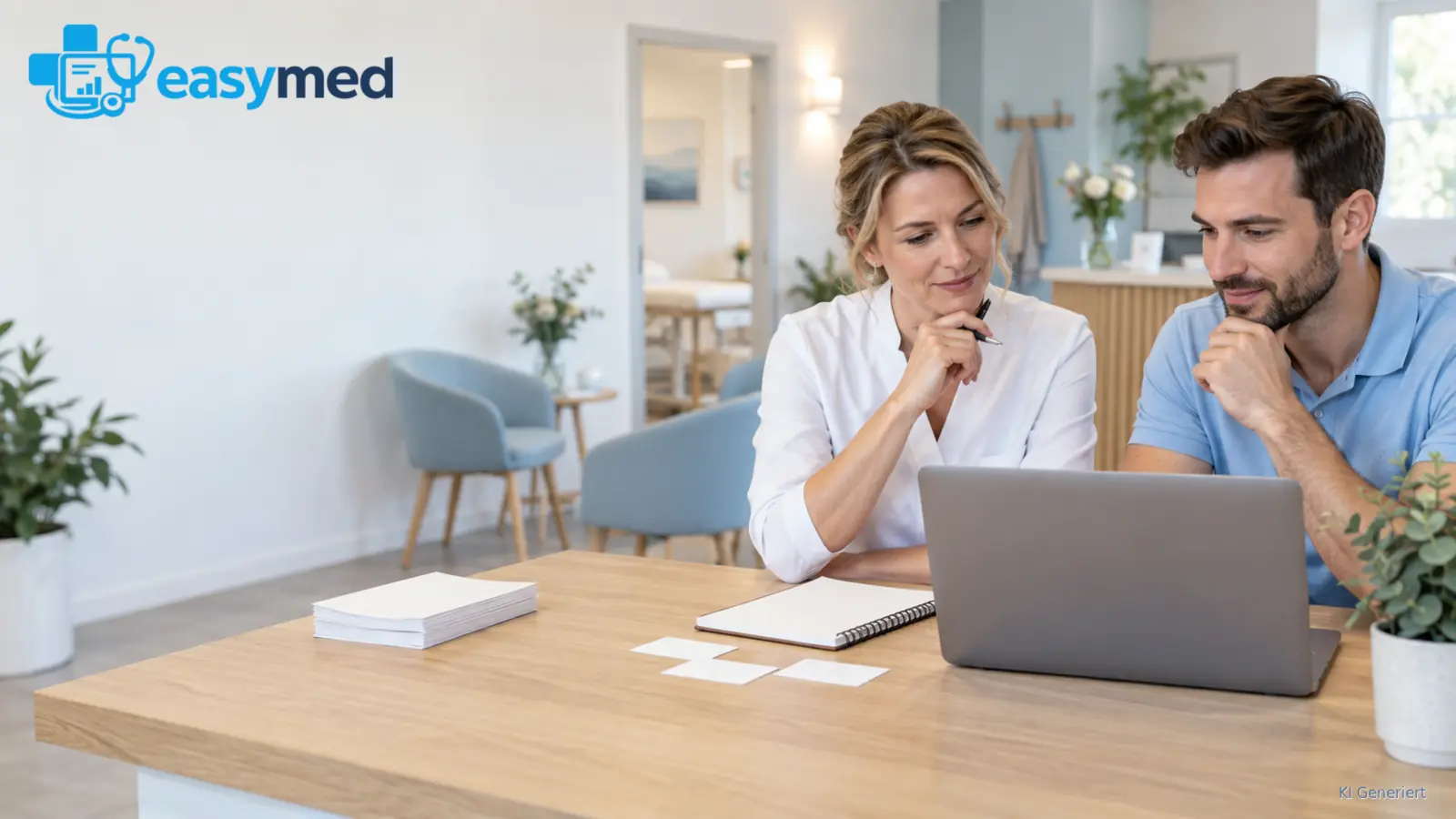 Praxisleitung und Kollege planen Kontaktwege mit Laptop, Broschüren und Notizbuch.