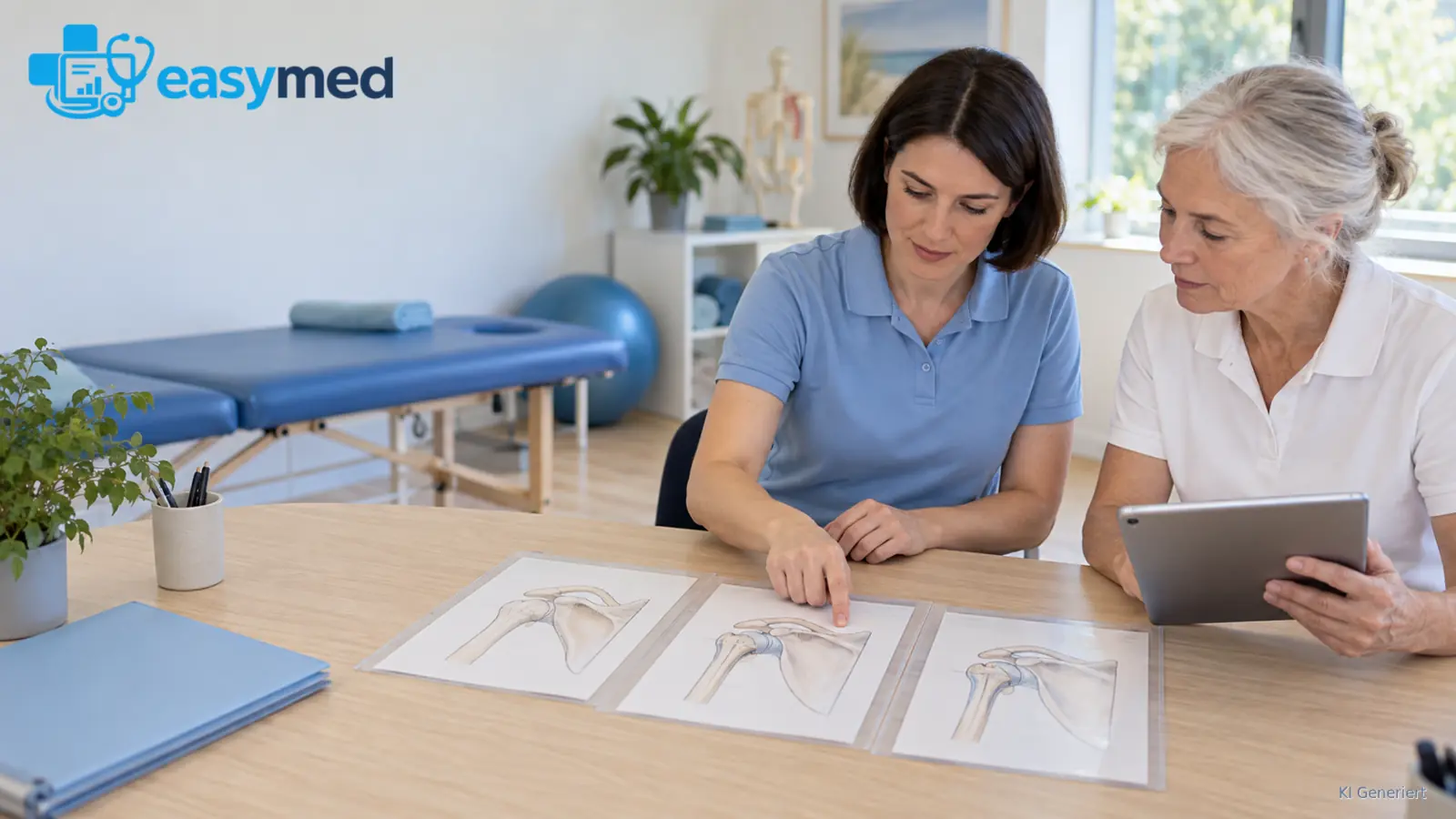 Zwei Therapeutinnen ordnen bildbezogene Unterlagen mit Schulterzeichnungen und Tablet.