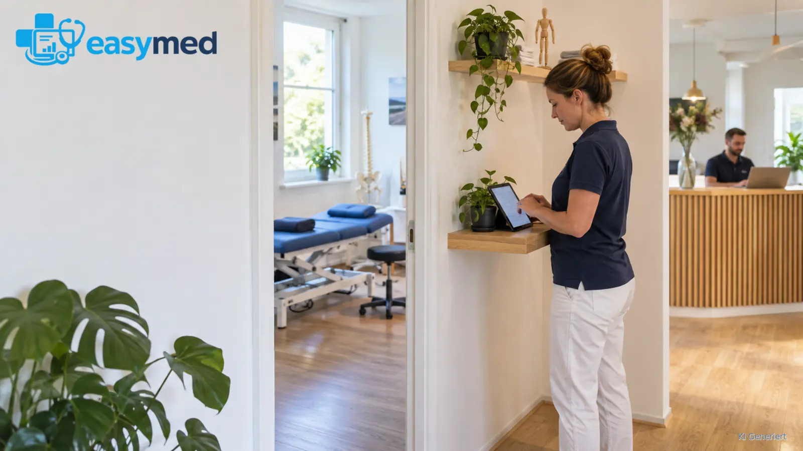 Therapeutin arbeitet am Tablet im Behandlungsbereich, während ein Kollege den Empfang betreut.