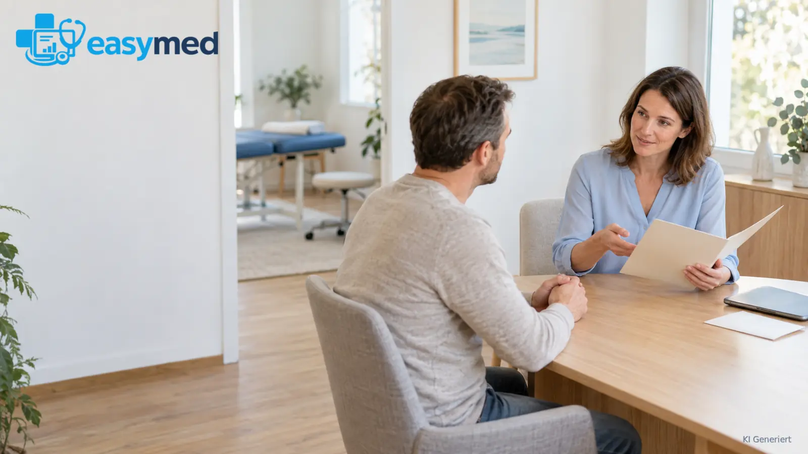 Therapeutin erläutert einem Patienten einen Beratungsvorgang an einem ruhigen Praxistisch.