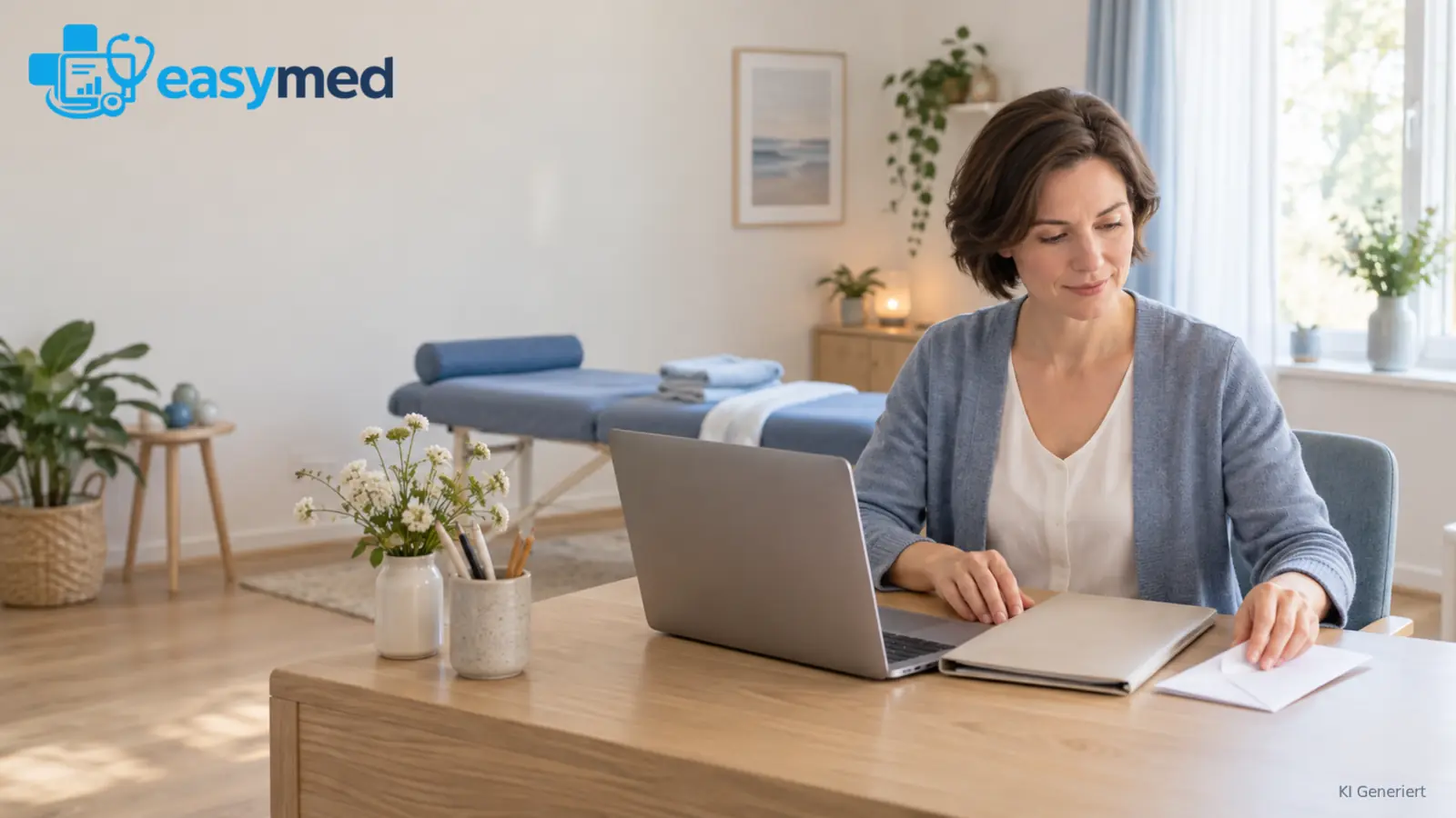 Therapeutin organisiert eine kleine Privatpraxis mit Laptop, Mappe und Umschlag.