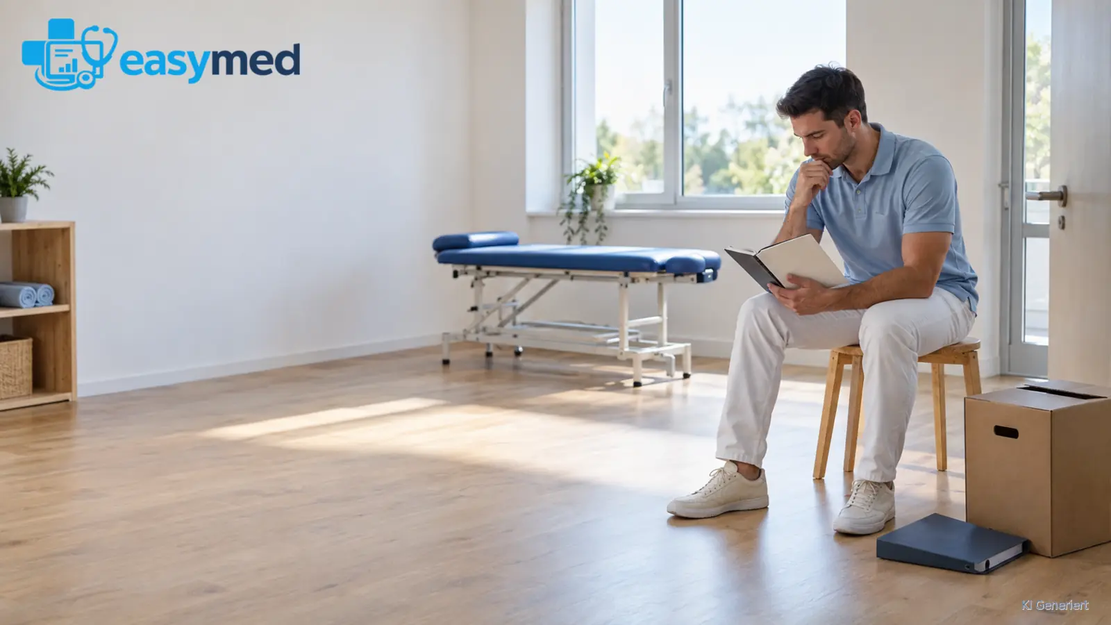 Physiotherapeut plant seine Selbstständigkeit mit einem Notizbuch in einem vorbereiteten Praxisraum.