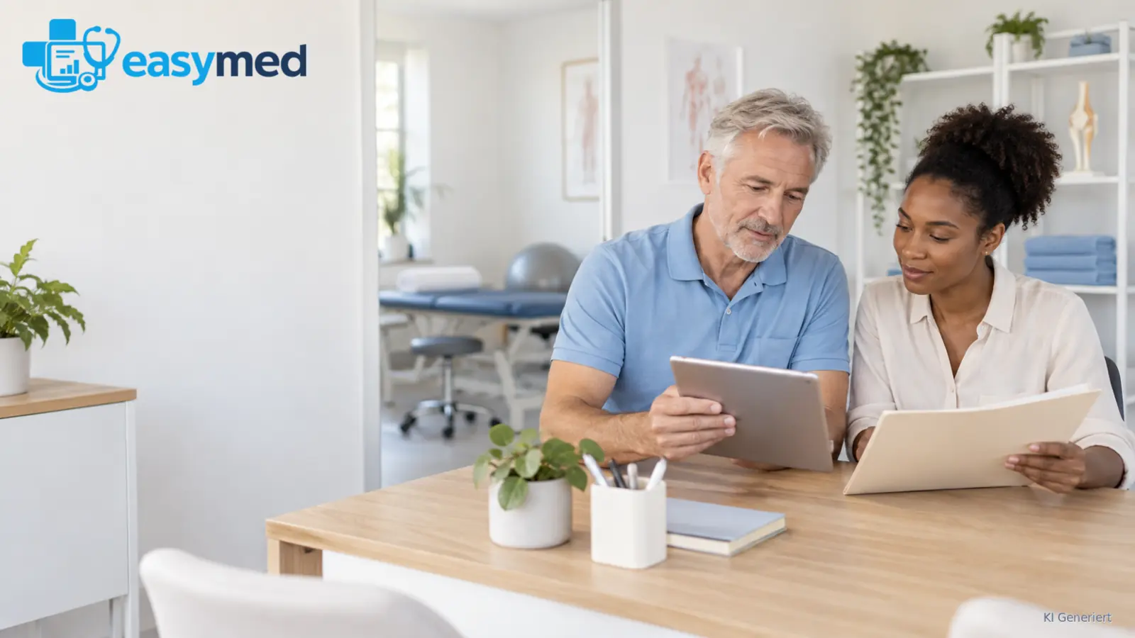 Zwei Therapiekollegen prüfen gemeinsam ein Tablet und eine Dokumentenmappe für die digitale Akte.