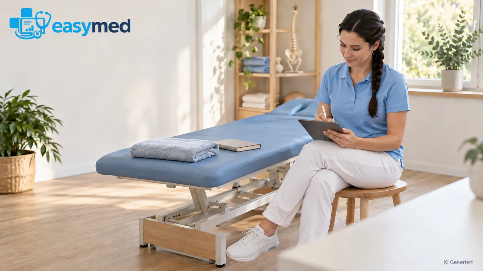 Therapeutin dokumentiert einen Termin auf einem Tablet neben der vorbereiteten Behandlungsliege.