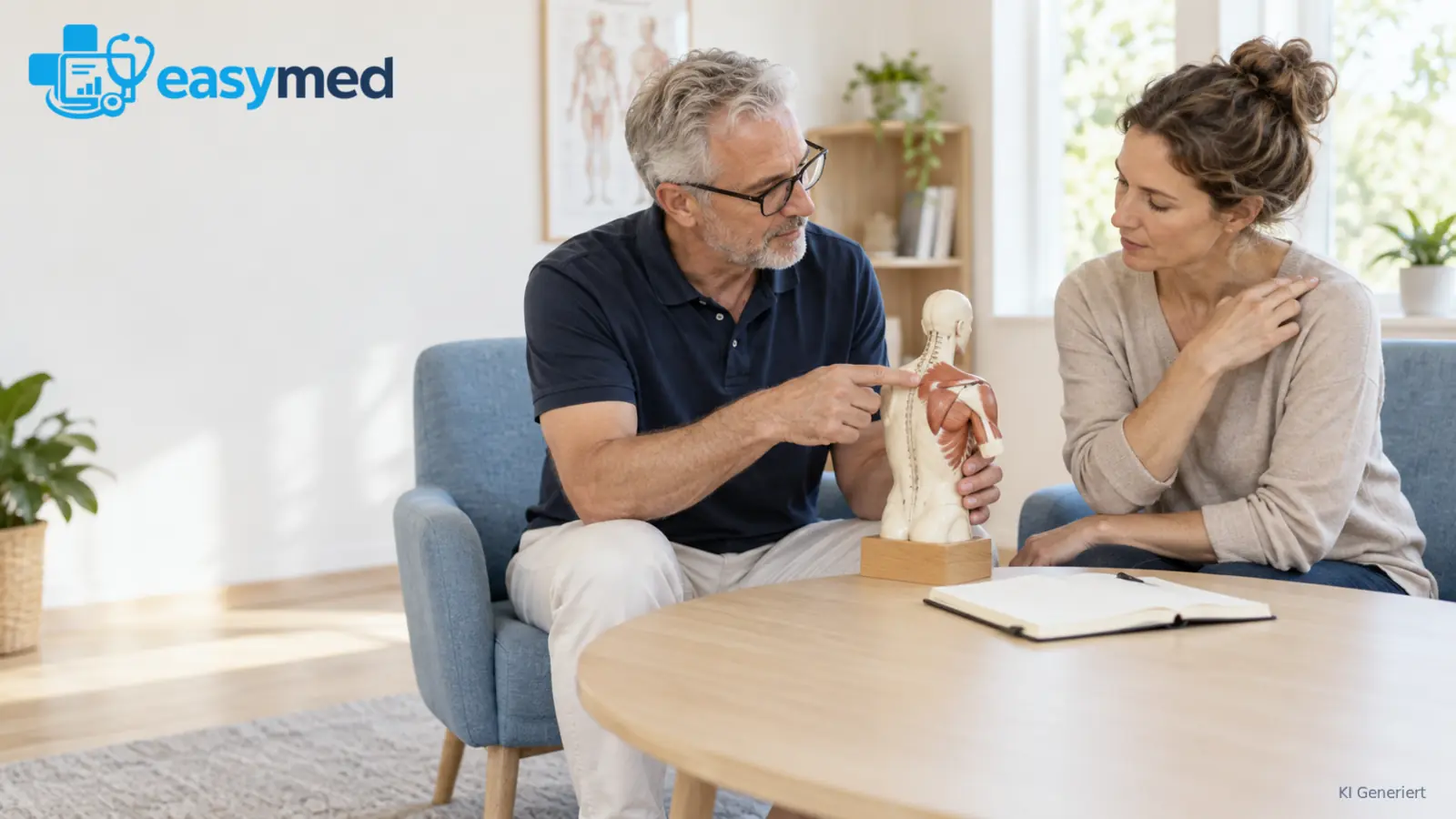Therapeut und Patientin verorten eine beschriebene Schulterregion an einem anatomischen Modell.