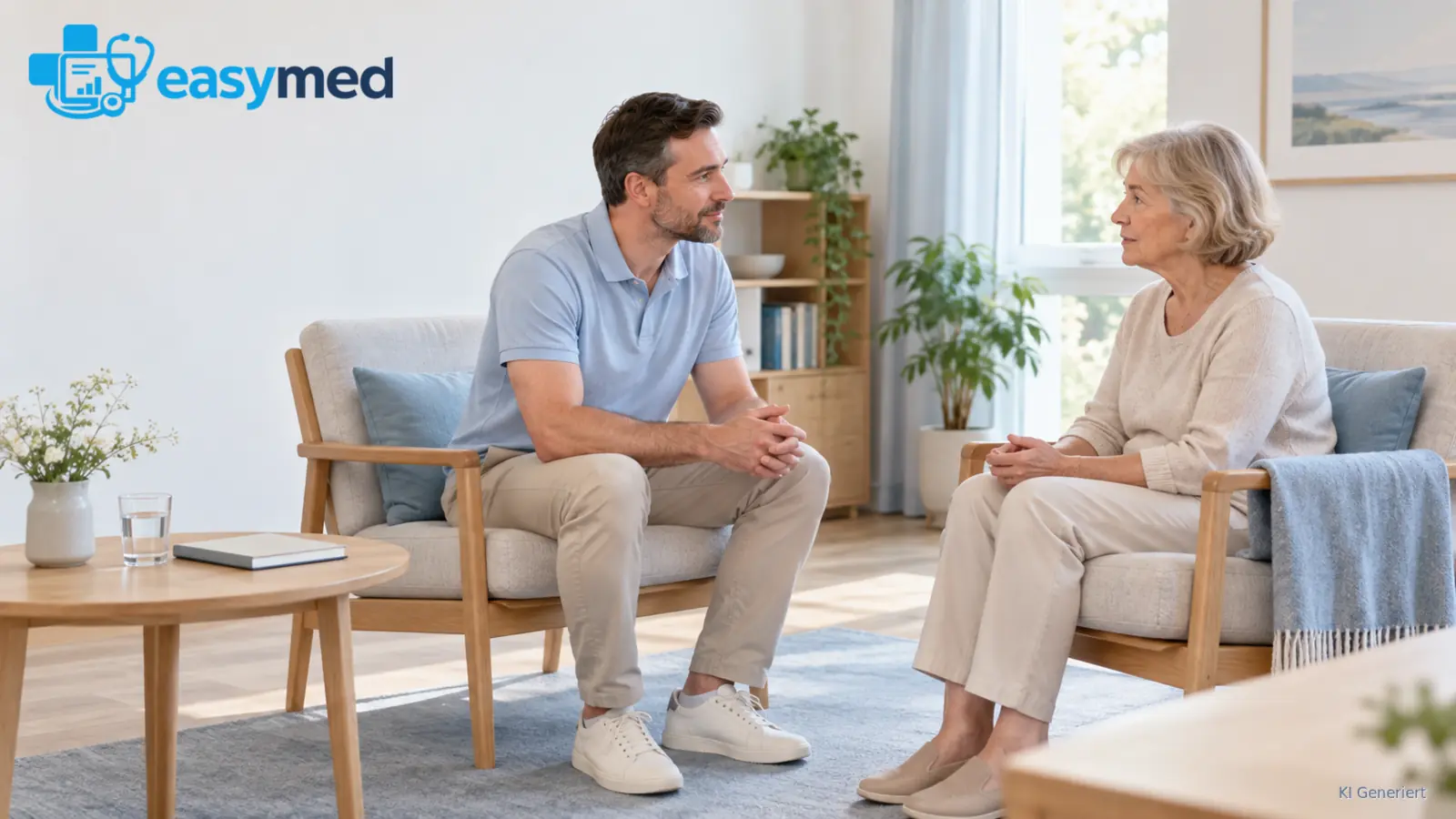 Therapeut hört einer älteren Patientin in einem ruhigen Gespräch auf Augenhöhe zu.