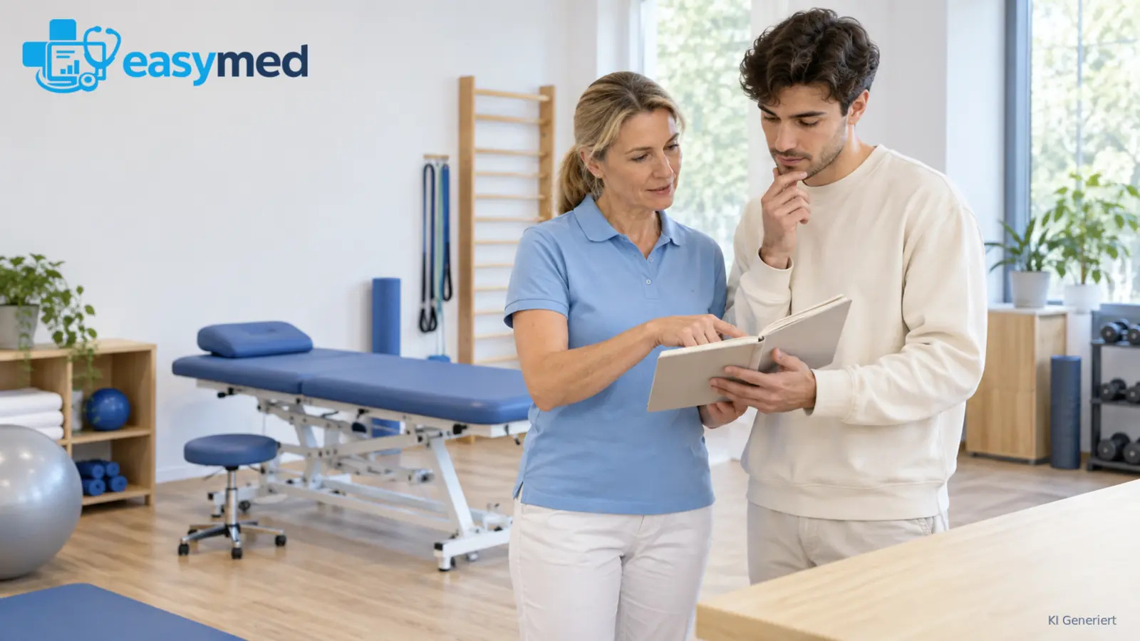 Erfahrene Physiotherapeutin bespricht Praxisnotizen mit einem jungen Lernenden im Therapieraum.