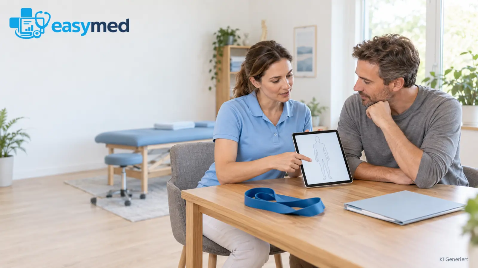 Therapeutin und Patient besprechen eine grafische Unterlage am Tablet neben einem Übungsband.