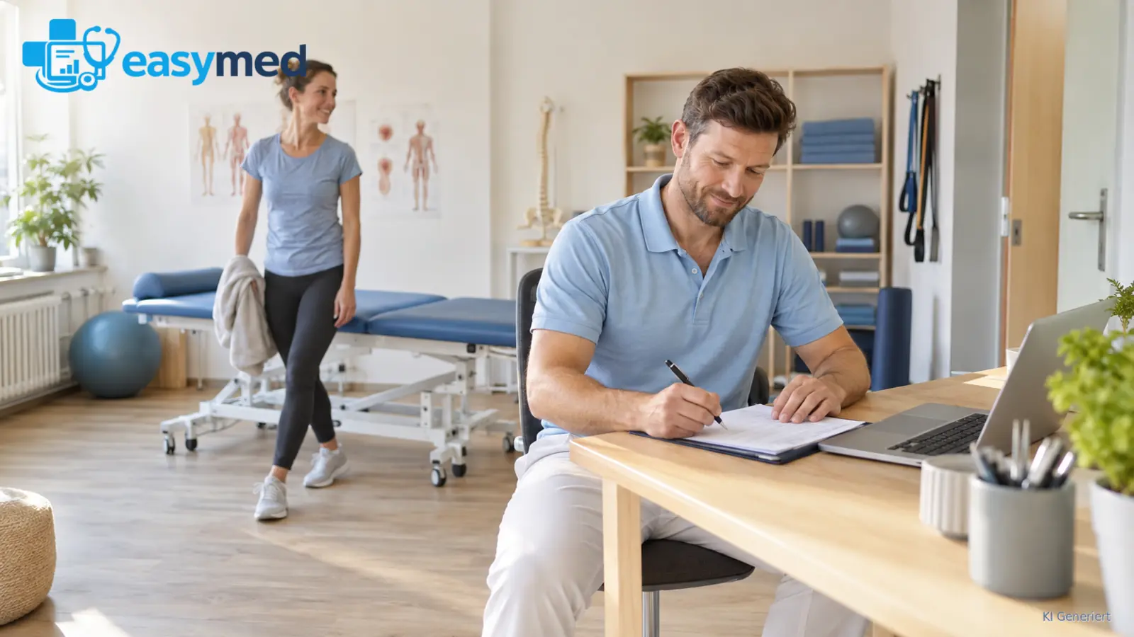 Physiotherapeut hält nach einem Behandlungstermin Informationen für den weiteren Verlauf fest.
