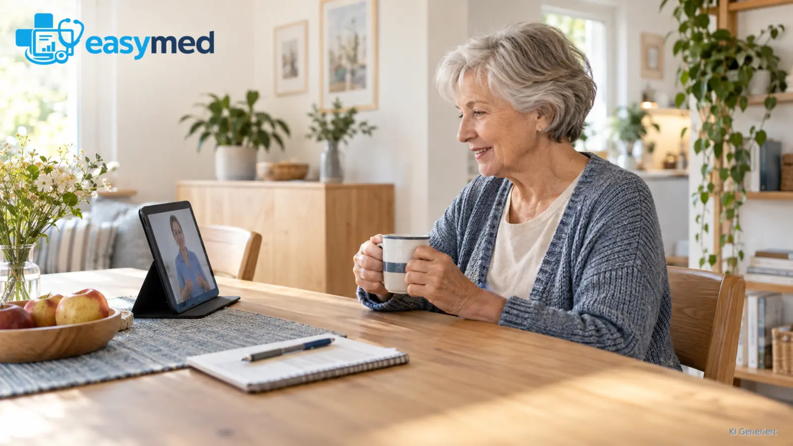 Patientin nutzt zu Hause eine vorbereitete Alltagshilfe neben digitalen Arbeitsmitteln.