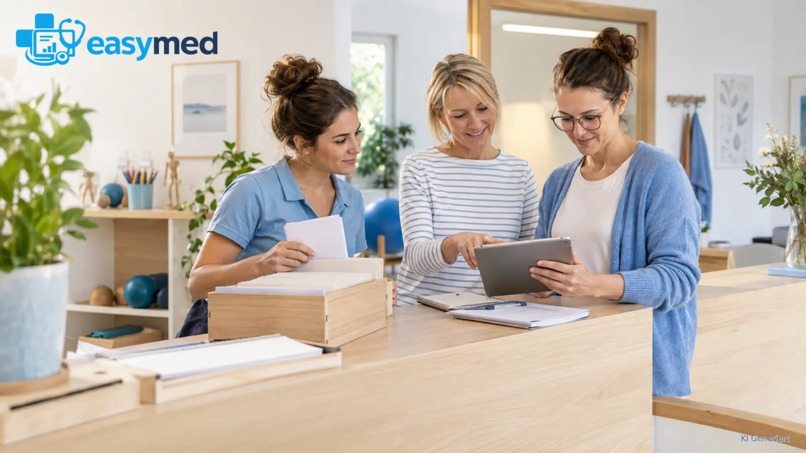 Ergotherapieteam erprobt einen digitalen Verwaltungsablauf am Praxisempfang.