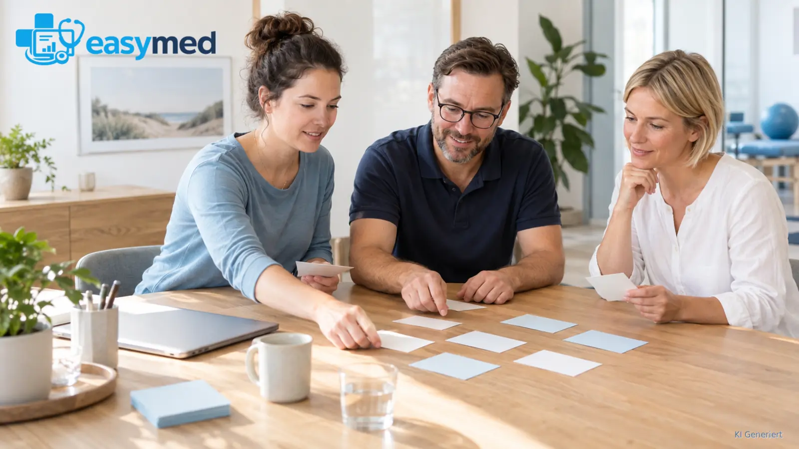 Praxisteam ordnet Anforderungen an eine neue Verwaltungssoftware am Besprechungstisch.
