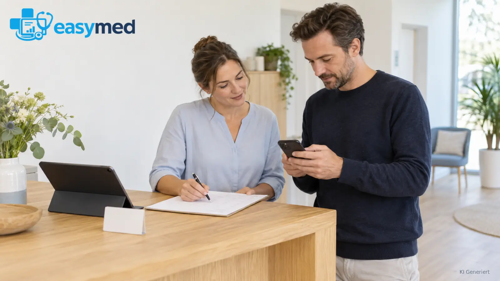 Praxisteam bespricht die Terminbuchung an einem Smartphone und Tablet.