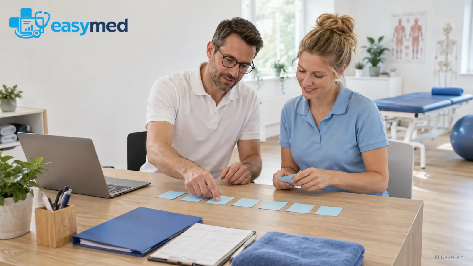 Physiotherapeut und Empfangskraft vergleichen Arbeitsaufgaben für einen Softwaretest.
