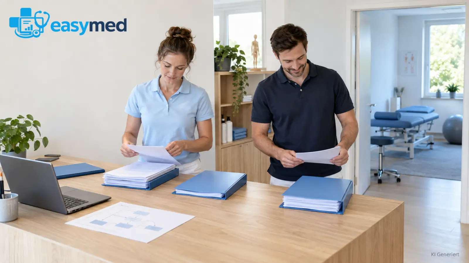 Neue Physiotherapiepraxis ordnet Unterlagen für verschiedene Abrechnungswege.