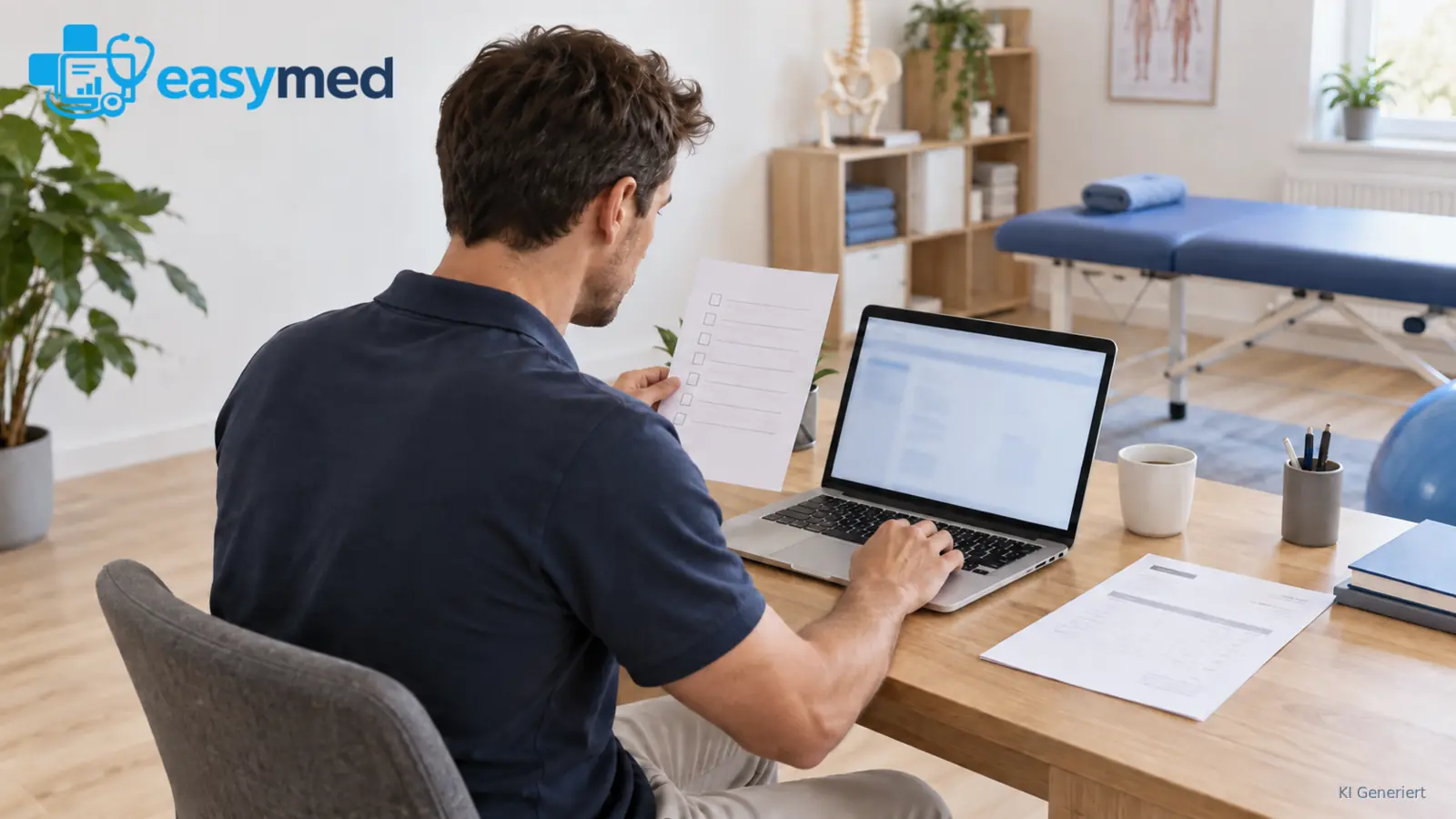 Physiotherapeut prüft einen digitalen Abrechnungsablauf mit Beispielunterlagen.