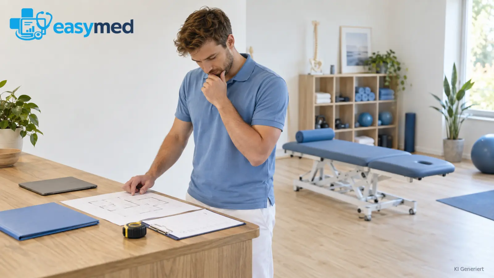 Physiotherapeut ordnet Entscheidungen und Arbeitsabläufe für den Praxisstart.