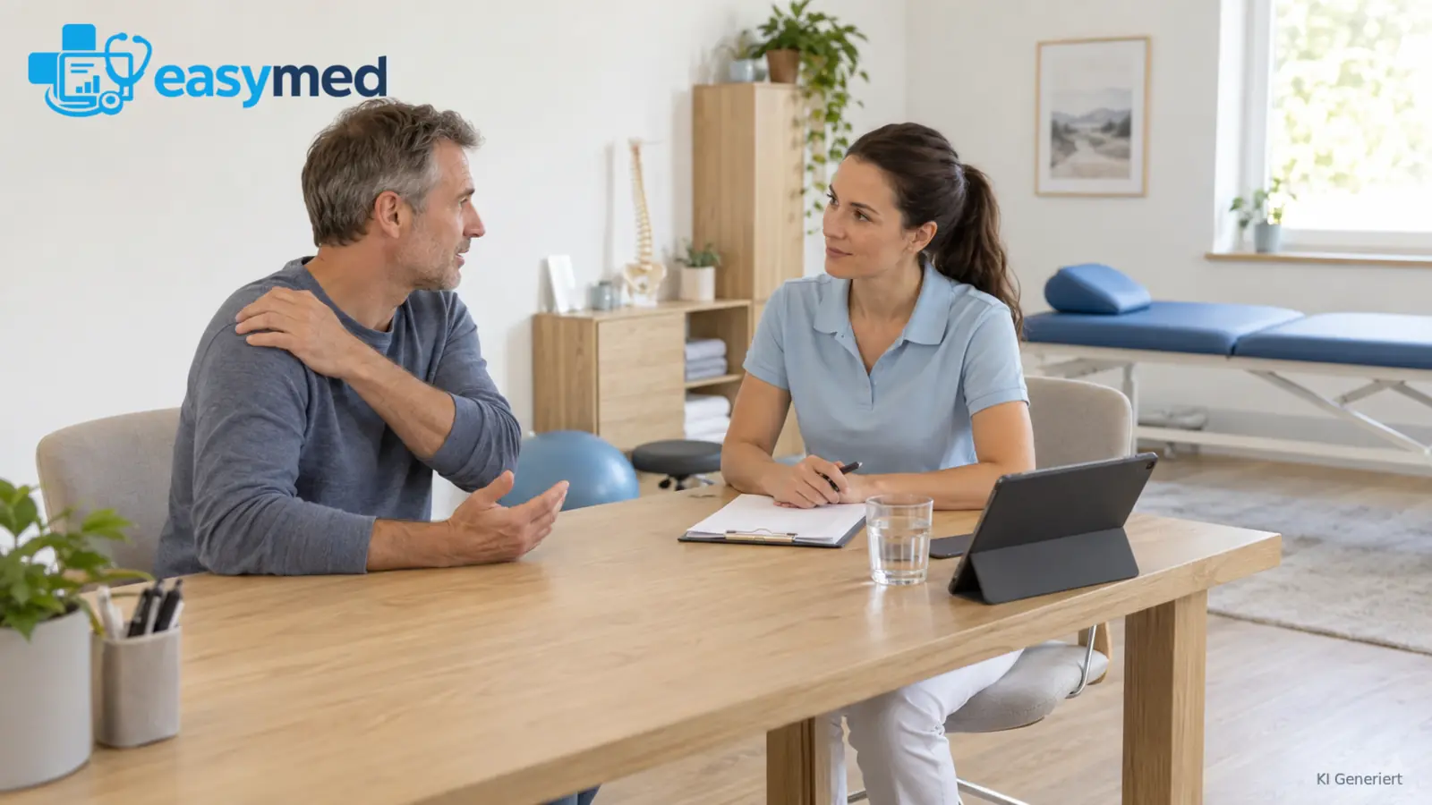 Physiotherapeutin hört beim ersten Gespräch zu und ordnet die Aufnahmeinformationen.