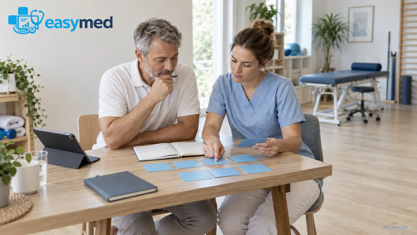 Physiotherapeut und Physiotherapeutin besprechen Arbeitsalltag und organisatorische Verantwortung.